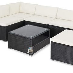 Polyrattan Lounge Set XL with Cushions Cushions Table Glass Top Garden Sofa Garden Furniture Corner Lounge