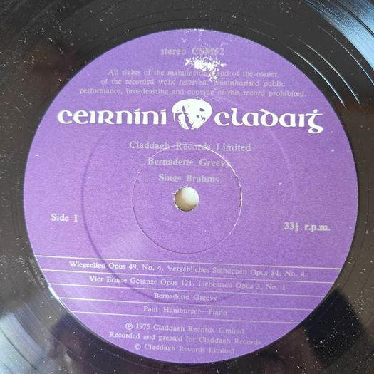 Bernadette Greevy Sings Brahms, a 1975 classical G/F LP Irish label Claddagh Records, Irish mezzo-soprano