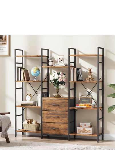 4-Tier Bookcase with Drawers, 100cm Wide Rustic Brown Shelving Unit 142cm Height, 10 Open Shelves + 3 Fabric Drawers, Industrial Rustic, For Living/Bedroom/Home Office, Large Storage