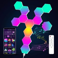 Hexagon Lights Gaming with Remote & App Control, 12 Pack RGB Led Hex Light Panels, Geometry Night Lamp DIY Hexagon Smart Wall Lights Sync to Music for Room Bar Decor Gaming Setup