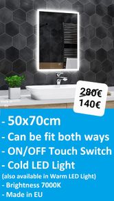 LED Bathroom Mirror 50x70cm Touch Switch Cold Cool Light Bright Makeup Cosmetic Vanity