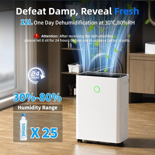 Dehumidifiers for Home, 12L/Day Dehumidifier for Bedroom with Automatic Humidity Sensor Auto Defrost 24H Timer, Continuous Drainage Ultra Quiet Dehumidifiers for Drying Clothes Damp