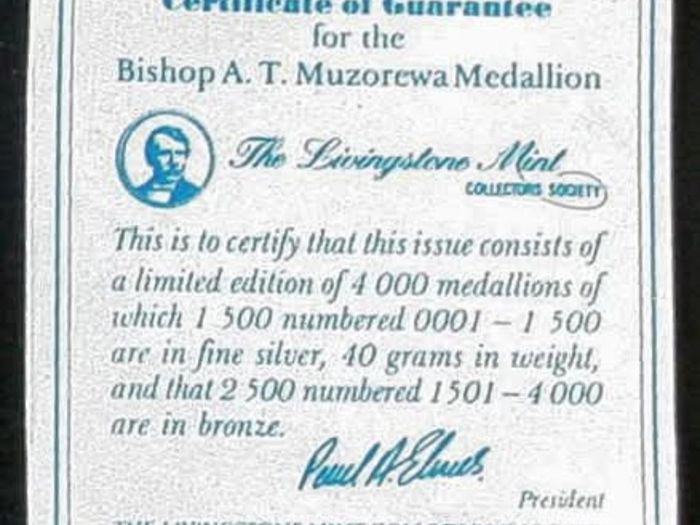 Zimbabwe Rhodesia 1979 Bishop Muzorewa First Prime Minister 999.9 Silver 40 Grams