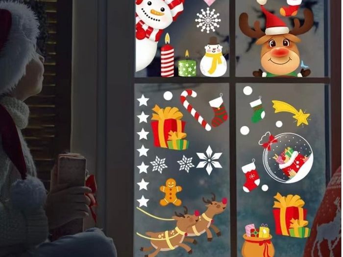Christmas Window Stickers Reusable 275 Pcs Double Sided Window Cling 9 Sheets Santa Claus Balloon Snowman Reindeer Snowflake for Christmas Decorations (FREE POSTAGE)