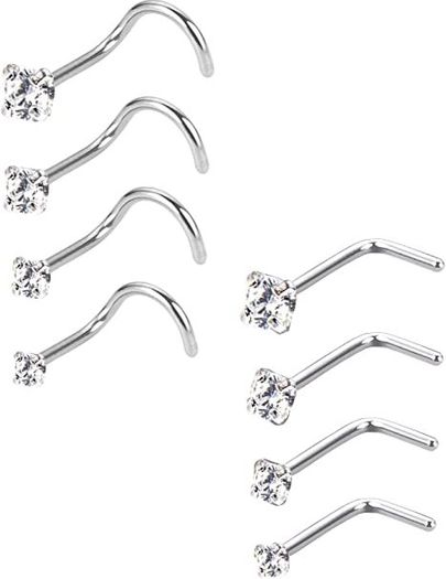 20 Gauge Curved Nose Studs Stainless Steel Nose Rings Cubic Zirconia Piercing Body Jewelry, Screw and L Bend Shape, 8 Pieces