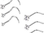 20 Gauge Curved Nose Studs Stainless Steel Nose Rings Cubic Zirconia Piercing Body Jewelry, Screw and L Bend Shape, 8 Pieces
