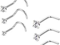 main image for ad 20 Gauge Curved Nose Studs Stainless Steel Nose Rings Cubic Zirconia Piercing Body Jewelry, Screw and L Bend Shape, 8 Pieces