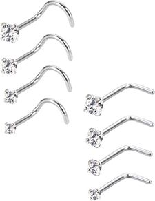 20 Gauge Curved Nose Studs Stainless Steel Nose Rings Cubic Zirconia Piercing Body Jewelry, Screw and L Bend Shape, 8 Pieces