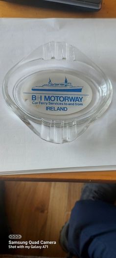 B + I motorway car ferry service to and from Ireland ,glass ashtray,,a slight little chip ,underneath one edge ,,very small,see pictures for condition,,price includes post to anywhere in ireland,,thank you, take as is