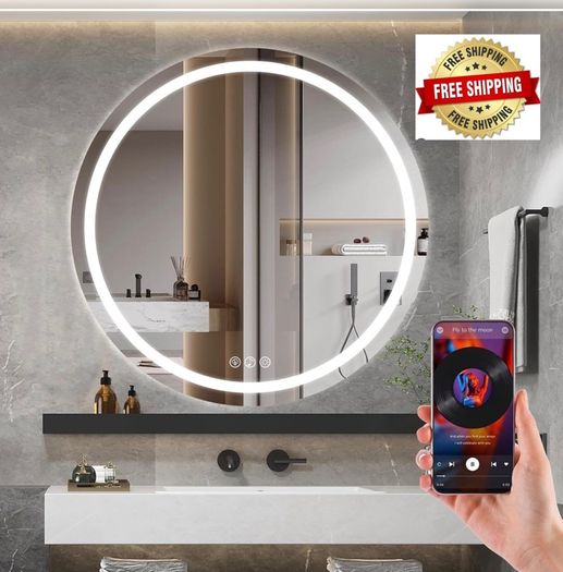 Bluetooth LED Bathroom Wall Mirror with LED Lights - 800mm Round Anti-Fog Vanity Mirror