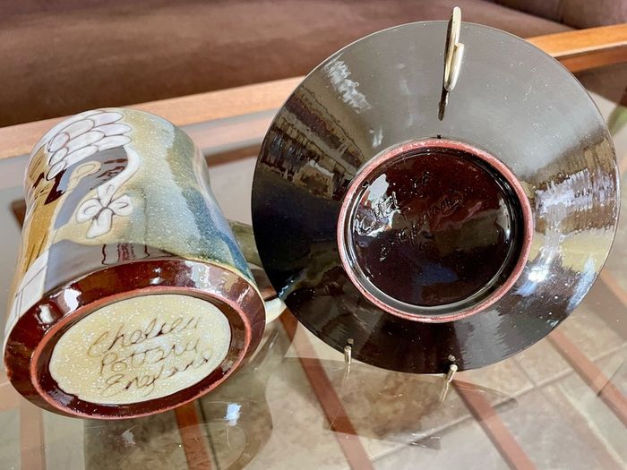 1960s Design English Chelsea Pottery Set Earthenware Glazed Footed Dish and Mug Barrister Judge Collectible