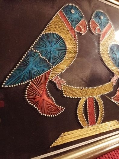 Good sized Vintage Framed String Art Two Love Birds