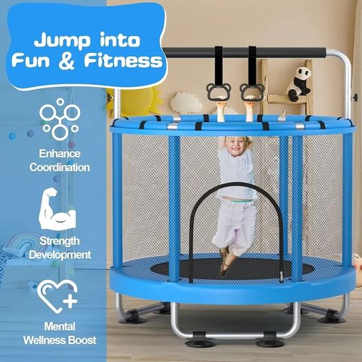 55" Trampoline for Kids with Enclosure, 440lbs Capacity Indoor & Outdoor Toddler Trampoline with Adjustable Gymnastics Bar & Toys, Gifts for Boys & Girls