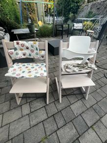 2 x Stokke Tripp Trapp Chairs and baby seat/harness