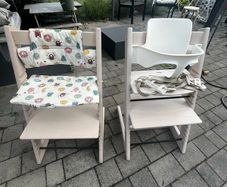 2 x Stokke Tripp Trapp Chairs and baby seat/harness