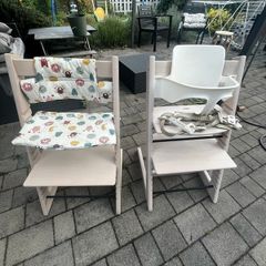 2 x Stokke Tripp Trapp Chairs and baby seat/harness