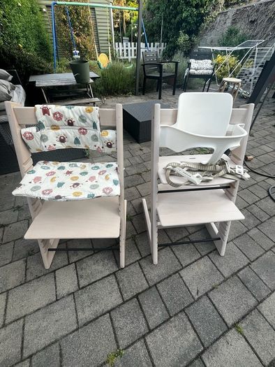 2 x Stokke Tripp Trapp Chairs and baby seat/harness