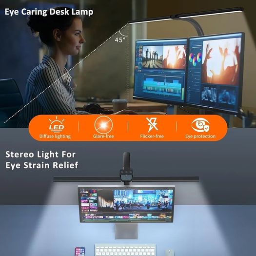 LED Desk Lamp for Study,24W Double Head Desk Lamps Office,Eye Protection Desk Light with Clamp,25 Lighting Modes,Monitor Light Bar for Study/Working/Computer/Reading/Workbench/Painting