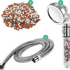 Shower Head Eco Power Original High Pressure Shower Head with Hose and Replacement Stones -3-in-1 Value Kit- with EcoStop Button for Non-Electric Showers Only