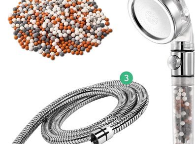 Shower Head Eco Power Original High Pressure Shower Head with Hose and Replacement Stones -3-in-1 Value Kit- with EcoStop Button for Non-Electric Showers Only