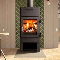 Wood burning stove with oven and double skin flue
