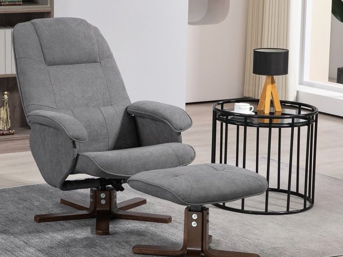 Linen Swivel Recliner Chair with Footstool, Upholstered Reclining Armchair with Wooden Base for Living Room, Grey