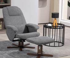 Linen Swivel Recliner Chair with Footstool, Upholstered Reclining Armchair with Wooden Base for Living Room, Grey