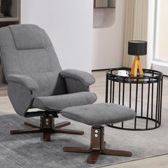 Linen Swivel Recliner Chair with Footstool, Upholstered Reclining Armchair with Wooden Base for Living Room, Grey