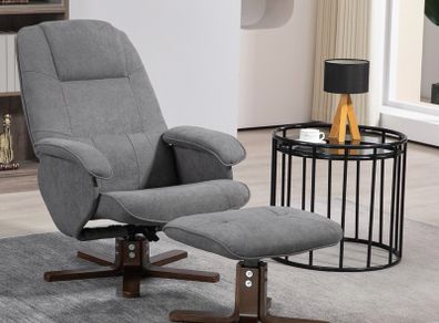 Linen Swivel Recliner Chair with Footstool, Upholstered Reclining Armchair with Wooden Base for Living Room, Grey