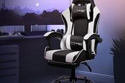 Gaming chair with massage function and footrest  aming Chair, Black/White, PU Leather, Ergonomic Office Chair, Adjustable Swivel Chair, Racing Gamer Chair with Armrest, Headrest, Lumbar Cushion, Footrest, Desk Chair