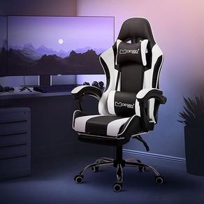 Gaming chair with massage function and footrest  aming Chair, Black/White, PU Leather, Ergonomic Office Chair, Adjustable Swivel Chair, Racing Gamer Chair with Armrest, Headrest, Lumbar Cushion, Footrest, Desk Chair