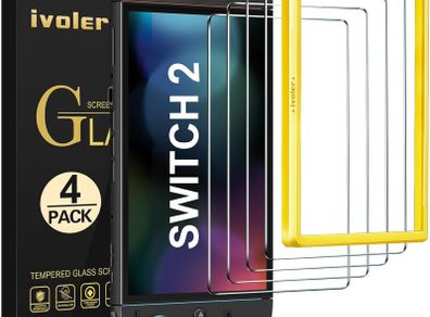 [4-Pack for Switch 2 Screen Protector with Alignment Frame Tool, 30-second installation- Bubble-Free Application - 9H Hardness -Tempered Glass Protection Film for Nintendo Switch 2 Model 2025