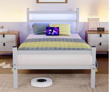 3ft Single Bed Frame with Headboard & LED Lights,Heavy Duty Metal Platform Bed Frame with Charging Station,Mattress Base/Strong Steel Slats Support/Under-bed Storage/Easy