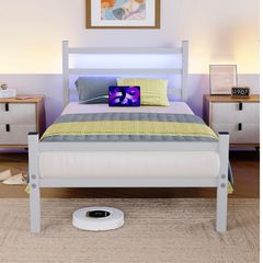 3ft Single Bed Frame with Headboard & LED Lights,Heavy Duty Metal Platform Bed Frame with Charging Station,Mattress Base/Strong Steel Slats Support/Under-bed Storage/Easy