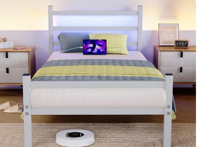 3ft Single Bed Frame with Headboard & LED Lights,Heavy Duty Metal Platform Bed Frame with Charging Station,Mattress Base/Strong Steel Slats Support/Under-bed Storage/Easy