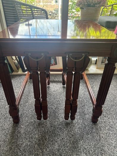 Mahogany Nest Of Three Tables, Raised On Block Legs With Understretcher