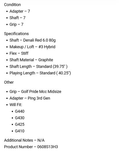 Denali Red 6.0 80g Stiff #3 Hybrid Shaft / Ping 3rd Gen