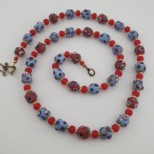 Antique Venetian Style Blue Skunk Eyes & Red Venetian WhiteHeart Glass Beads Necklace