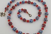 Antique Venetian Style Blue Skunk Eyes &amp; Red Venetian WhiteHeart Glass Beads Necklace
