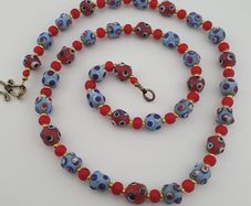 Antique Venetian Style Blue Skunk Eyes & Red Venetian WhiteHeart Glass Beads Necklace