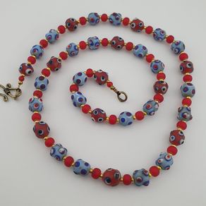 Antique Venetian Style Blue Skunk Eyes & Red Venetian WhiteHeart Glass Beads Necklace
