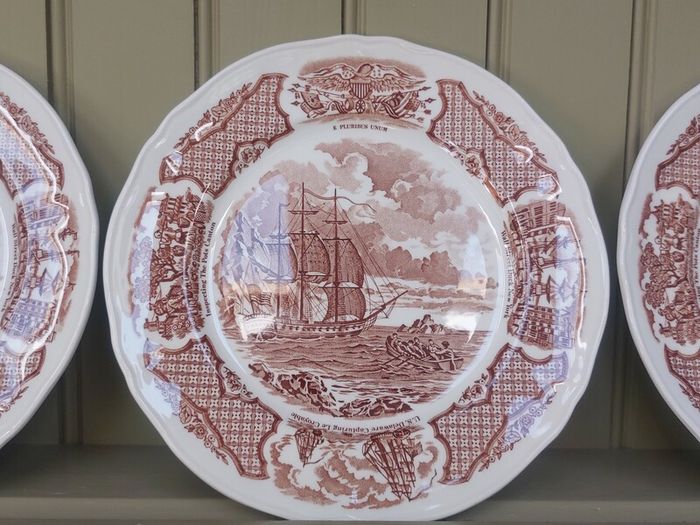 Vintage Set of Six Brown and White Fair Winds, Historical Scenes of Chinese Export to America - "The George Washington at Anchor" Salad Plates by Alfred Meakin