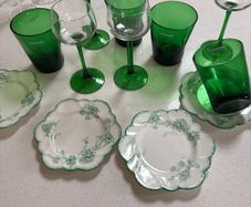 12 Pieces - Vintage Luminarc Alsace Mid Century Wine Glasses with Emerald Green Stem, Galbiati Milano Tumblers and Vintage Art Deco Royal Grafton Side Plates