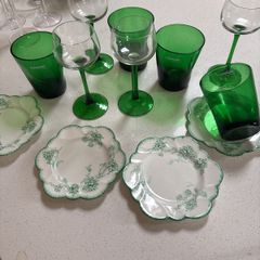 12 Pieces - Vintage Luminarc Alsace Mid Century Wine Glasses with Emerald Green Stem, Galbiati Milano Tumblers and Vintage Art Deco Royal Grafton Side Plates