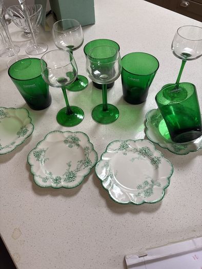 12 Pieces - Vintage Luminarc Alsace Mid Century Wine Glasses with Emerald Green Stem, Galbiati Milano Tumblers and Vintage Art Deco Royal Grafton Side Plates