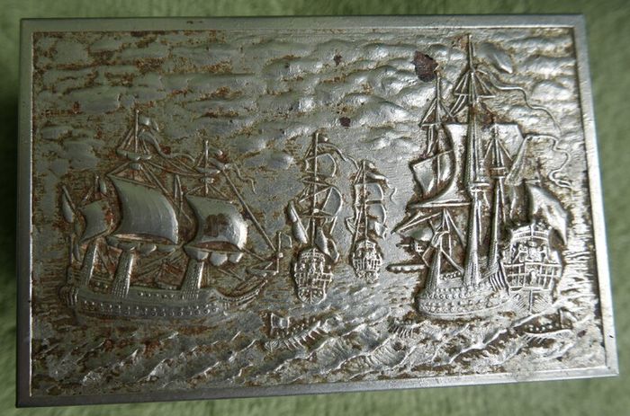 Vintage Wooden Cigarette Box with ship galleons decoration