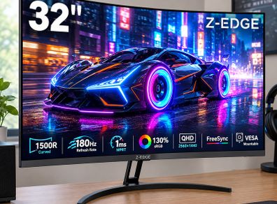 32-Inch QHD Curved Gaming Monitor, 180Hz 1440p, 1ms MPRT, 1500R VA Display, FreeSync, HDMI & DisplayPort, VESA Mountable