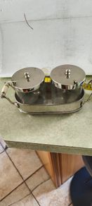Vintage  Silversmiths Silver Plate Cream & Sugar Tray Set. Glass Bowls. With Lid And Serving Spoone