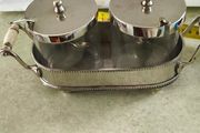 Vintage  Silversmiths Silver Plate Cream &amp; Sugar Tray Set. Glass Bowls. With Lid And Serving Spoone