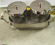 Vintage  Silversmiths Silver Plate Cream & Sugar Tray Set. Glass Bowls. With Lid And Serving Spoone